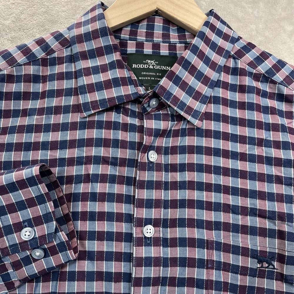 Rodd Gunn Shirt Mens L Blue Purple Plaid Checked Button Up Woven In Italy